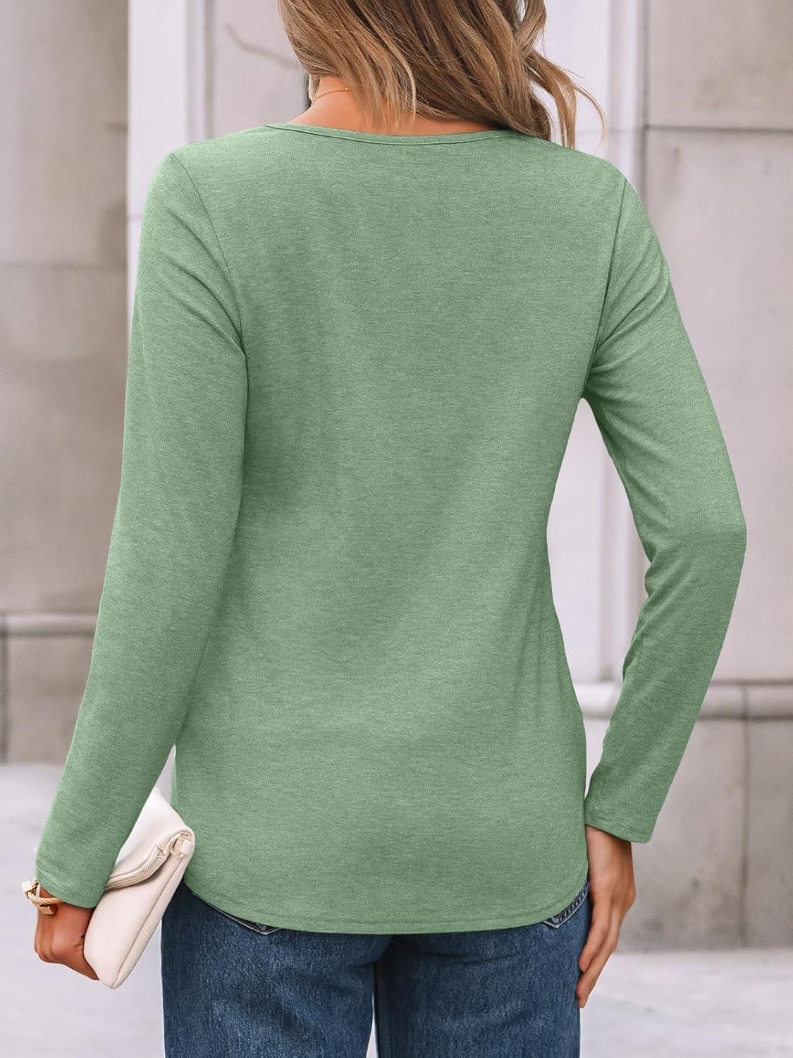 imageAUTOMET Womens Long Sleeve Tops Business Casual Crewneck Pleated Shirts Fall Fashion 2025 Blouses Trendy Basic Loose OutfitsGreen