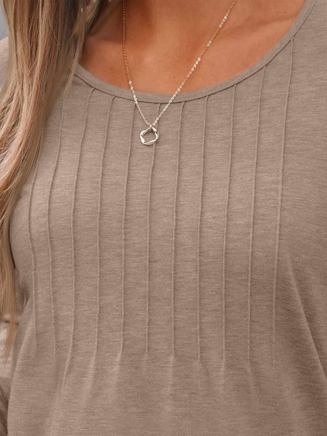 imageAUTOMET Womens Long Sleeve Tops Business Casual Crewneck Pleated Shirts Fall Fashion 2025 Blouses Trendy Basic Loose OutfitsKhaki