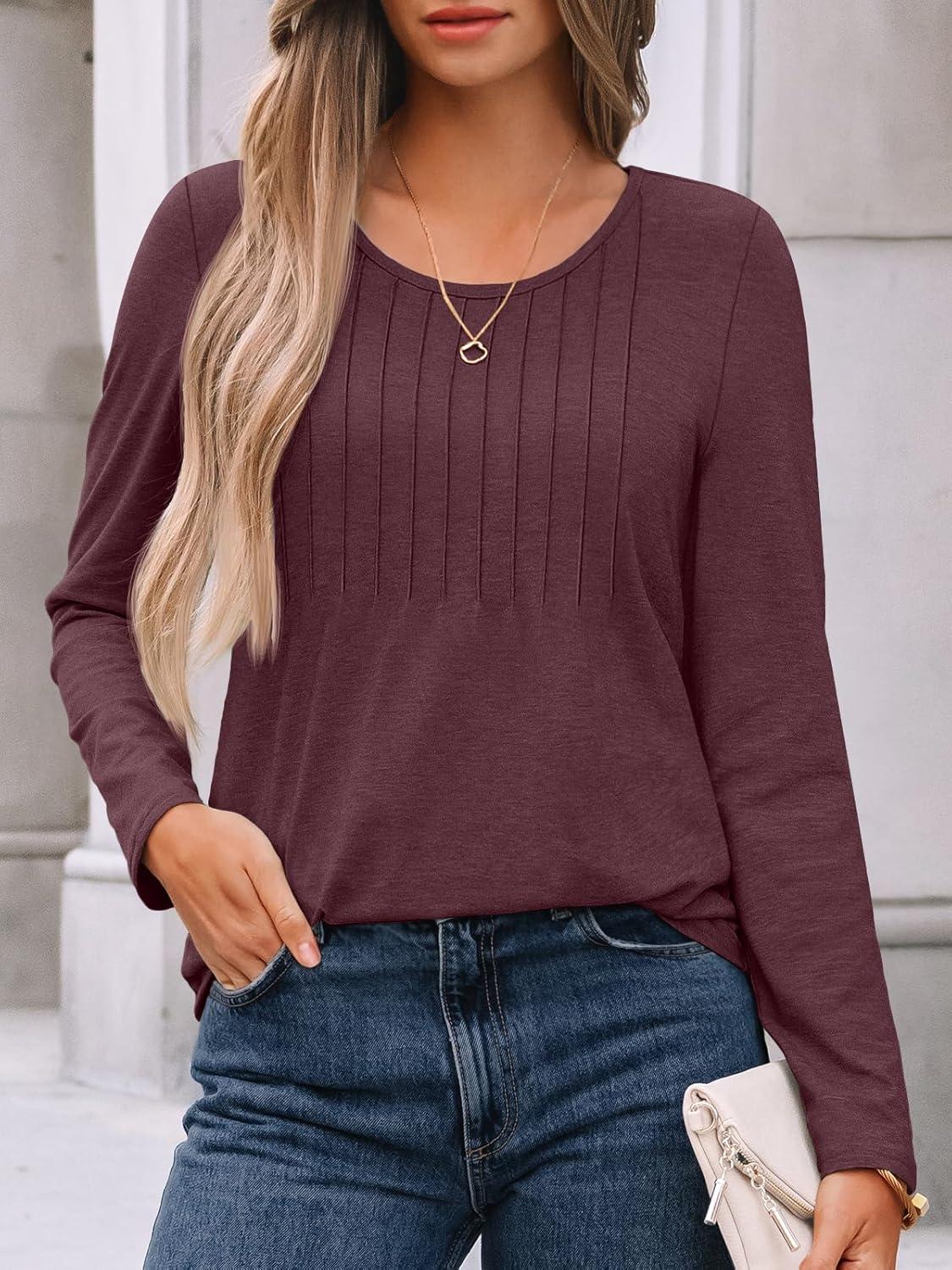 imageAUTOMET Womens Long Sleeve Tops Business Casual Crewneck Pleated Shirts Fall Fashion 2025 Blouses Trendy Basic Loose OutfitsWinered