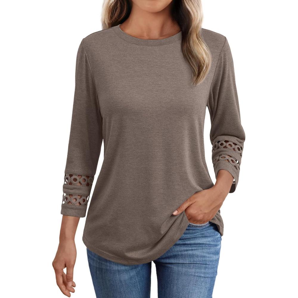 imageAUTOMET 34 Length Sleeve Womens Tops Crewneck Lace Tunic Business Casual Dressy Blouses Fall Trendy Outfits 2025Coffee Grey