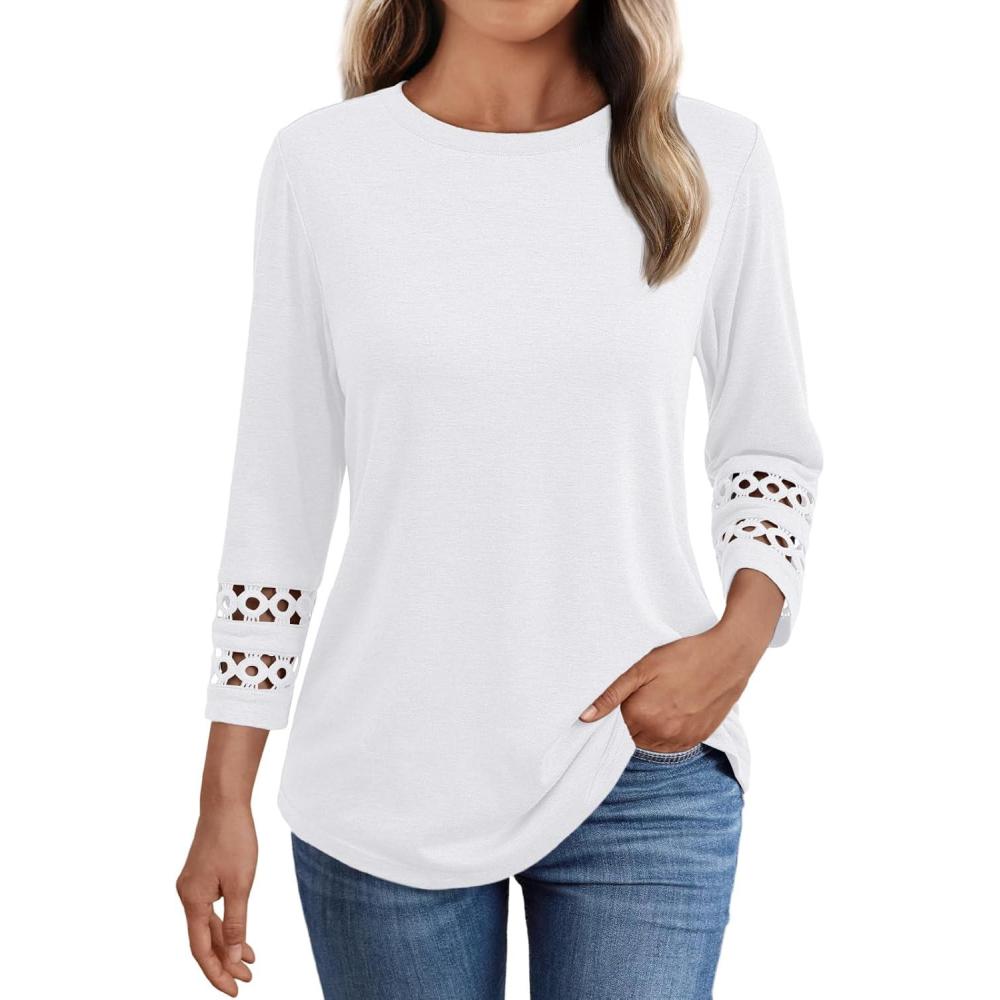 imageAUTOMET 34 Length Sleeve Womens Tops Crewneck Lace Tunic Business Casual Dressy Blouses Fall Trendy Outfits 2025White