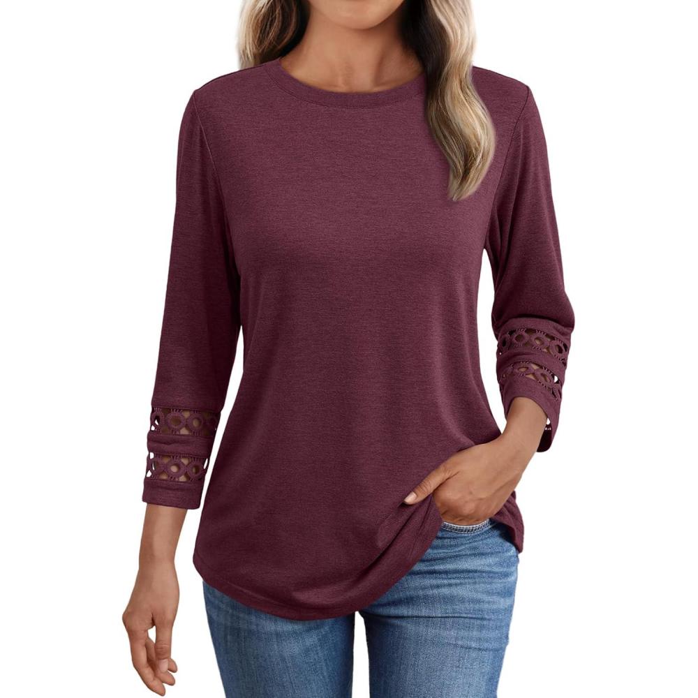 imageAUTOMET 34 Length Sleeve Womens Tops Crewneck Lace Tunic Business Casual Dressy Blouses Fall Trendy Outfits 2025Wine Red