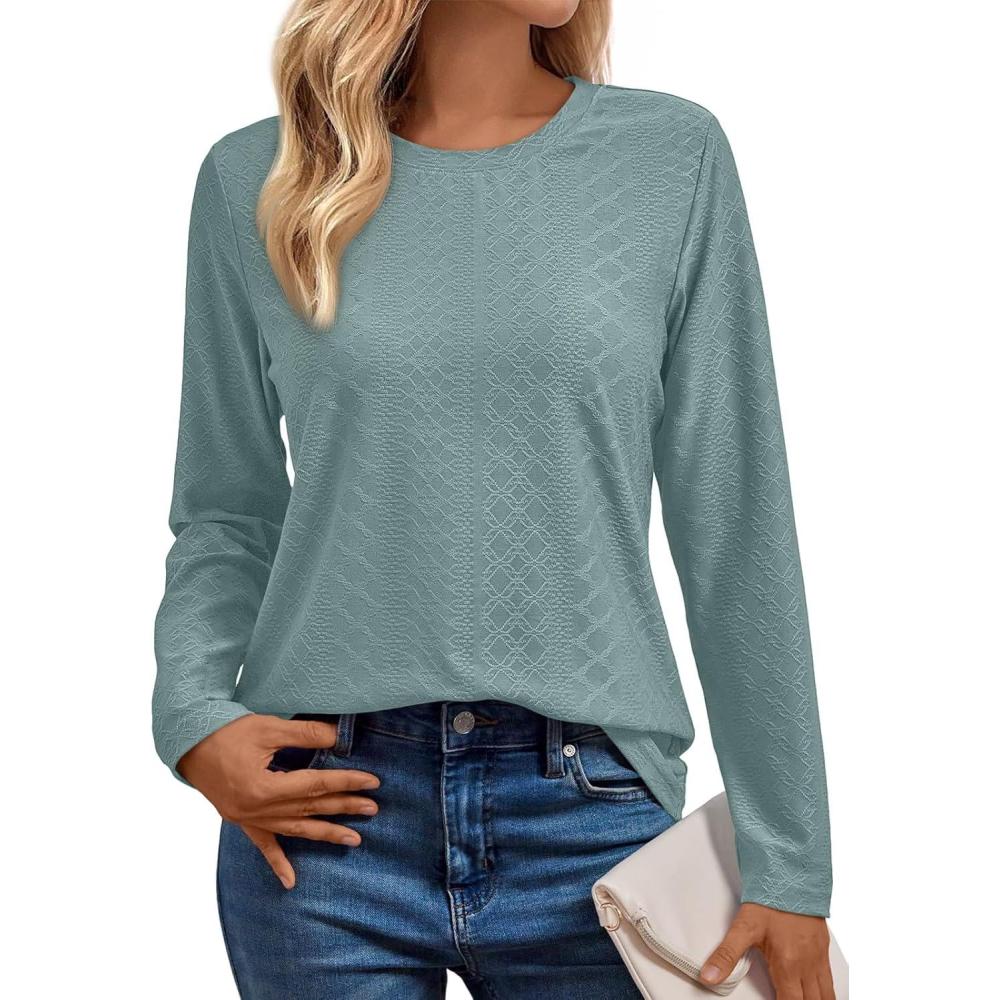 imageAUTOMET Womens Long Sleeve Eyelet Tops Shirts Business Casual Dressy Blouses Tunic Fall Fashion 2025 Clothes Loose OutfitsGreen