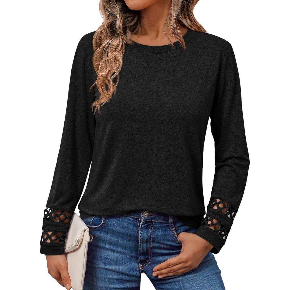imageAUTOMET Womens Long Sleeve Fall Fashion Tops Ladies Casual Crewneck Loose Fit Outfits Lightweight Shirts Eyelet Tee 2025Black