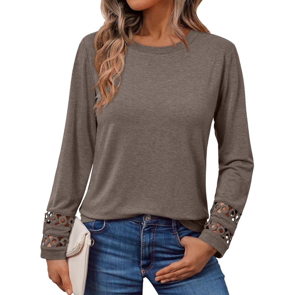 imageAUTOMET Womens Long Sleeve Fall Fashion Tops Ladies Casual Crewneck Loose Fit Outfits Lightweight Shirts Eyelet Tee 2025Coffeegrey