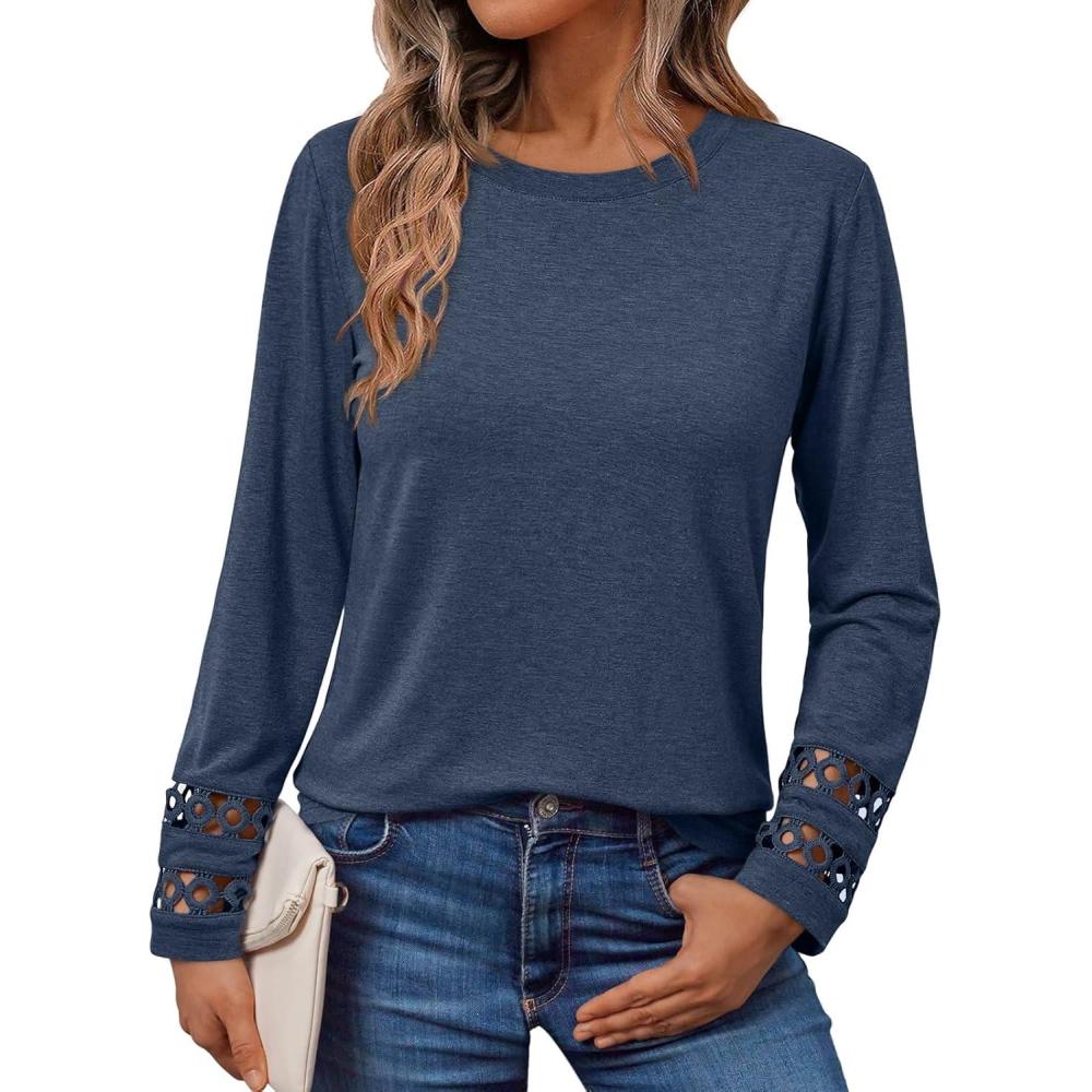 imageAUTOMET Womens Long Sleeve Fall Fashion Tops Ladies Casual Crewneck Loose Fit Outfits Lightweight Shirts Eyelet Tee 2025Darkblue