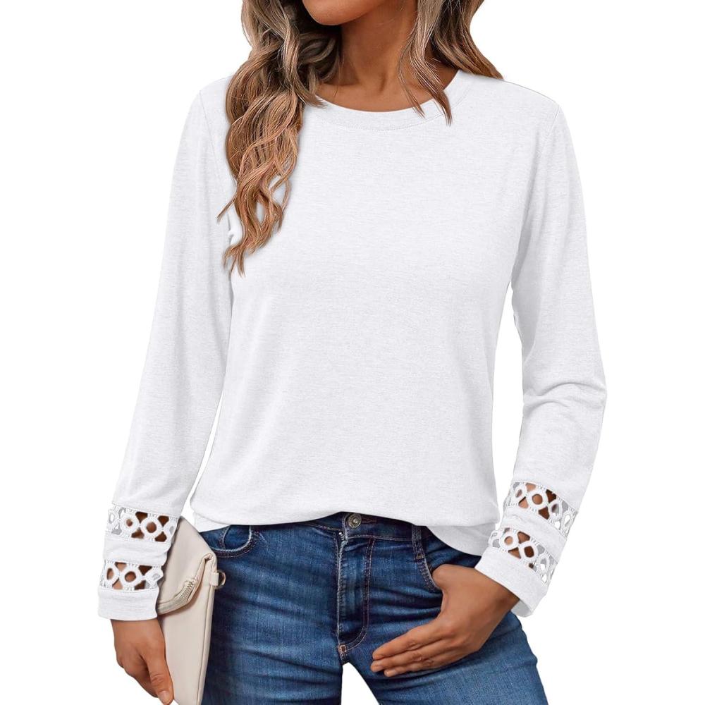 imageAUTOMET Womens Long Sleeve Fall Fashion Tops Ladies Casual Crewneck Loose Fit Outfits Lightweight Shirts Eyelet Tee 2025White