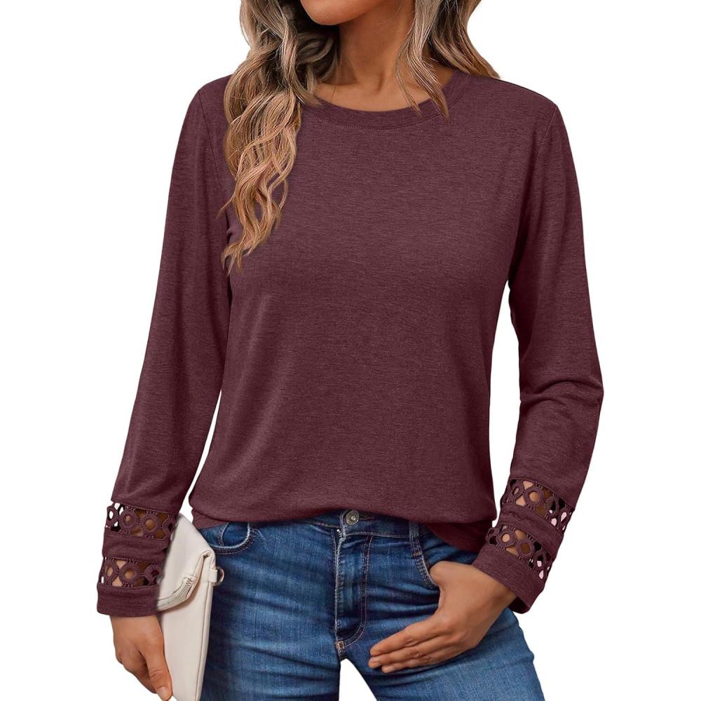imageAUTOMET Womens Long Sleeve Fall Fashion Tops Ladies Casual Crewneck Loose Fit Outfits Lightweight Shirts Eyelet Tee 2025Winered