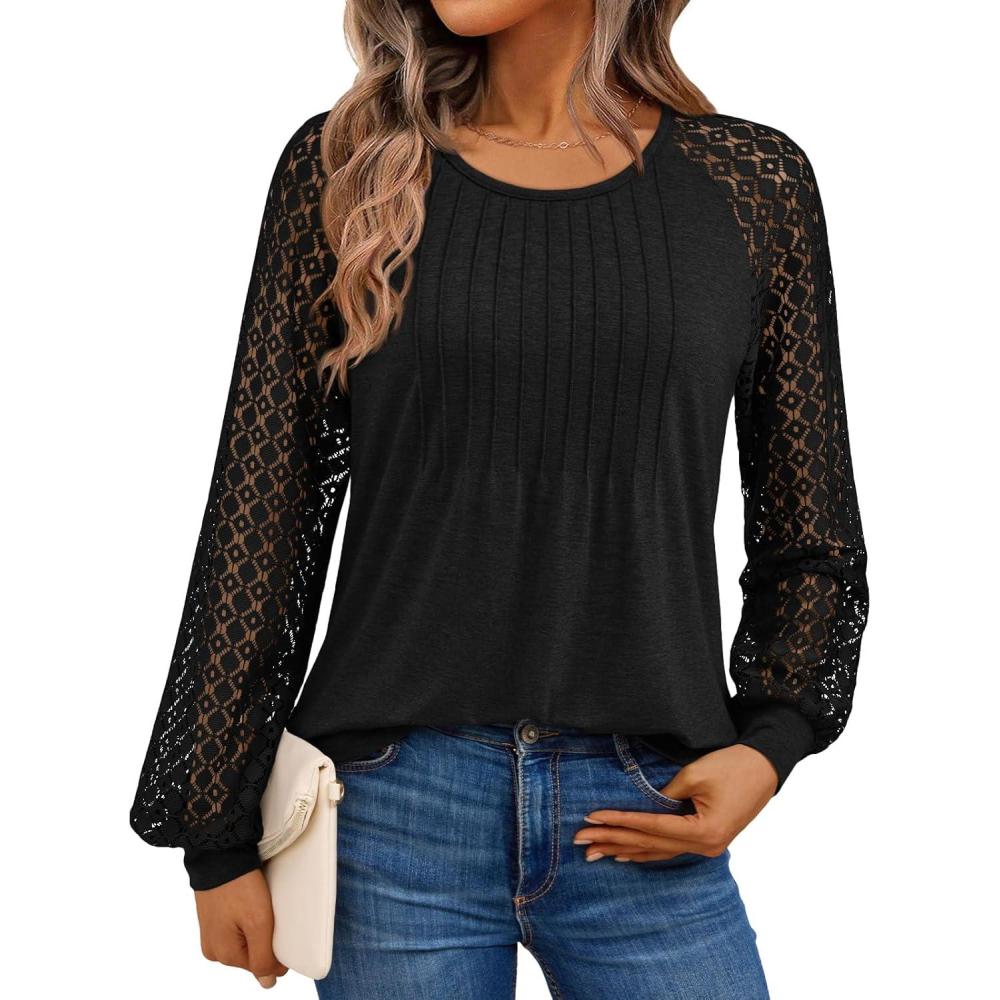 imageAUTOMET Womens Long Sleeve Shirts Business Casual Dressy Tops Lace Crewneck Work Trendy Fall Fashion Outfits ClothesBlack