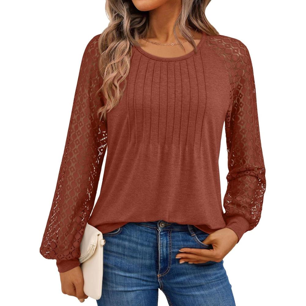 imageAUTOMET Womens Long Sleeve Shirts Business Casual Dressy Tops Lace Crewneck Work Trendy Fall Fashion Outfits ClothesMaple
