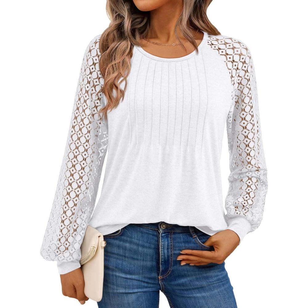 imageAUTOMET Womens Long Sleeve Shirts Business Casual Dressy Tops Lace Crewneck Work Trendy Fall Fashion Outfits ClothesWhite