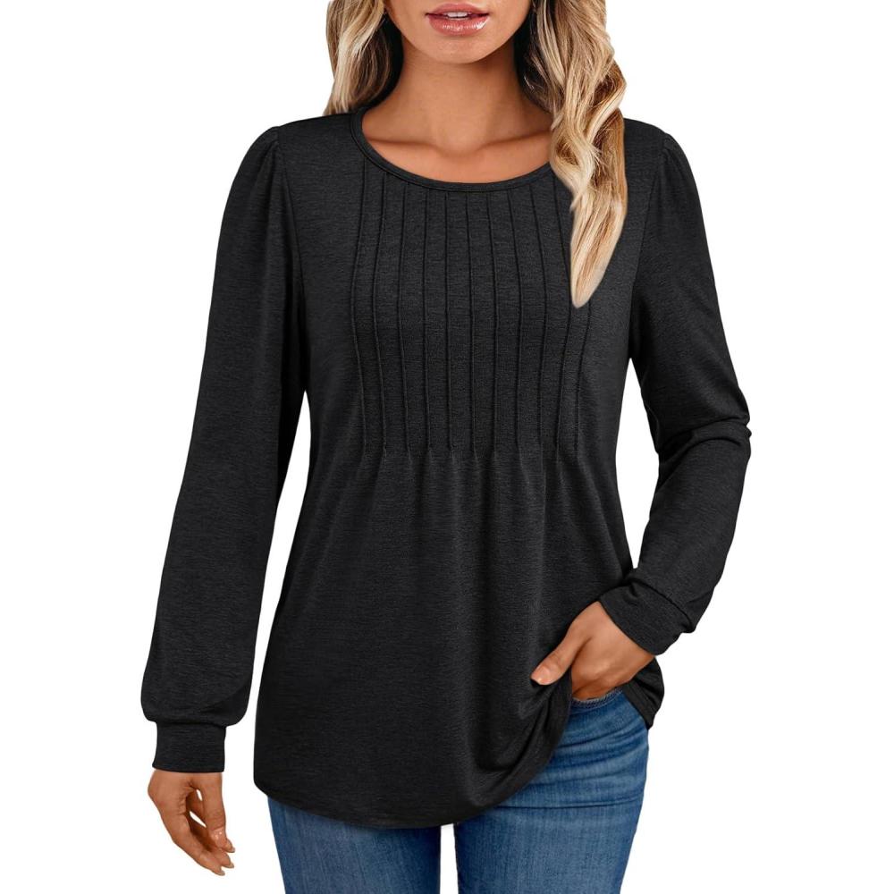 imageAUTOMET Womens Long Sleeve TShirts Dressy Business Casual Tops Tunic Fall Fashion Crewneck Blouse Trendy Winter Outfits 2025Black