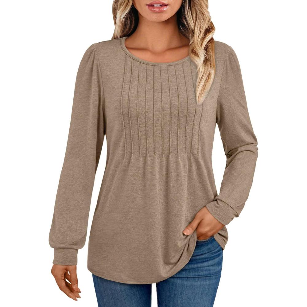 imageAUTOMET Womens Long Sleeve TShirts Dressy Business Casual Tops Tunic Fall Fashion Crewneck Blouse Trendy Winter Outfits 2025Khaki