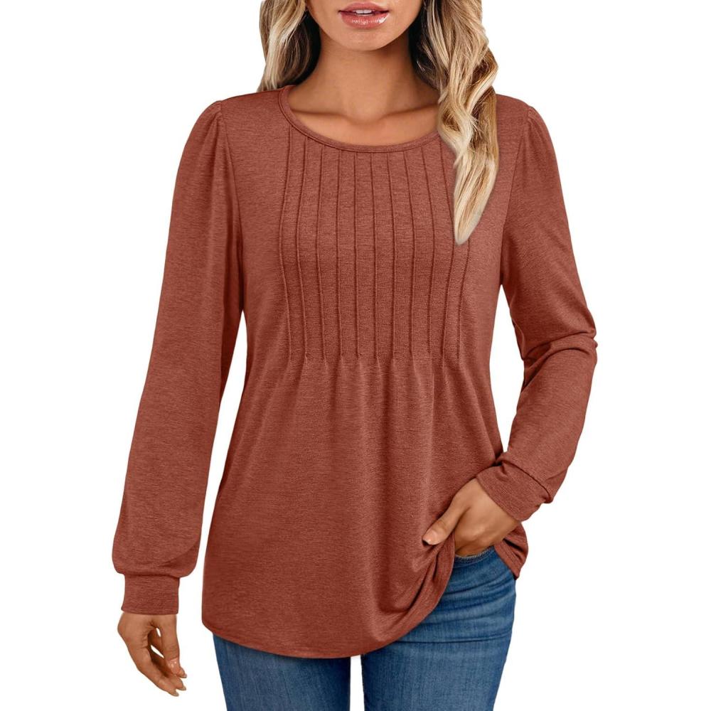 imageAUTOMET Womens Long Sleeve TShirts Dressy Business Casual Tops Tunic Fall Fashion Crewneck Blouse Trendy Winter Outfits 2025Maple