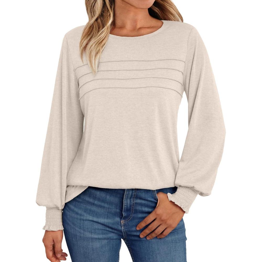 imageAUTOMET Womens Long Sleeve Tops Blouses Dressy Casual Business Crew Neck Tunic Loose Fit Trendy Outfits Fashion ClothesCream