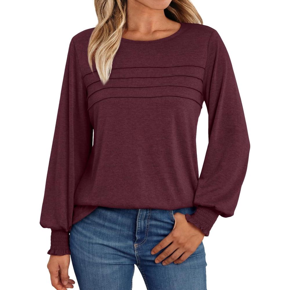 imageAUTOMET Womens Long Sleeve Tops Blouses Dressy Casual Business Crew Neck Tunic Loose Fit Trendy Outfits Fashion ClothesWine Red