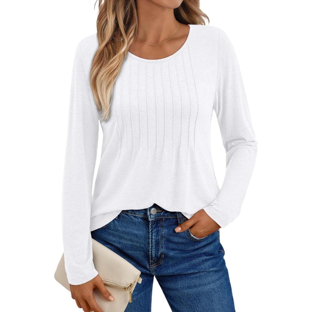 imageAUTOMET Womens Long Sleeve Tops Business Casual Crewneck Pleated Shirts Fall Fashion 2025 Blouses Trendy Basic Loose OutfitsWhite
