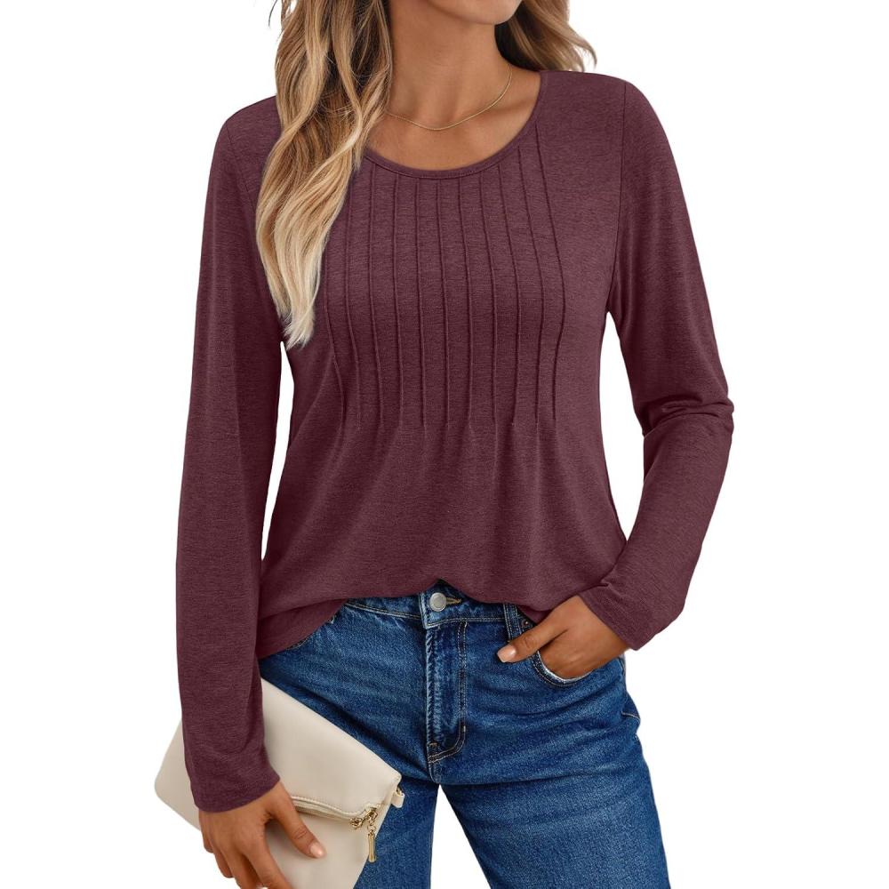 imageAUTOMET Womens Long Sleeve Tops Business Casual Crewneck Pleated Shirts Fall Fashion 2025 Blouses Trendy Basic Loose OutfitsWinered