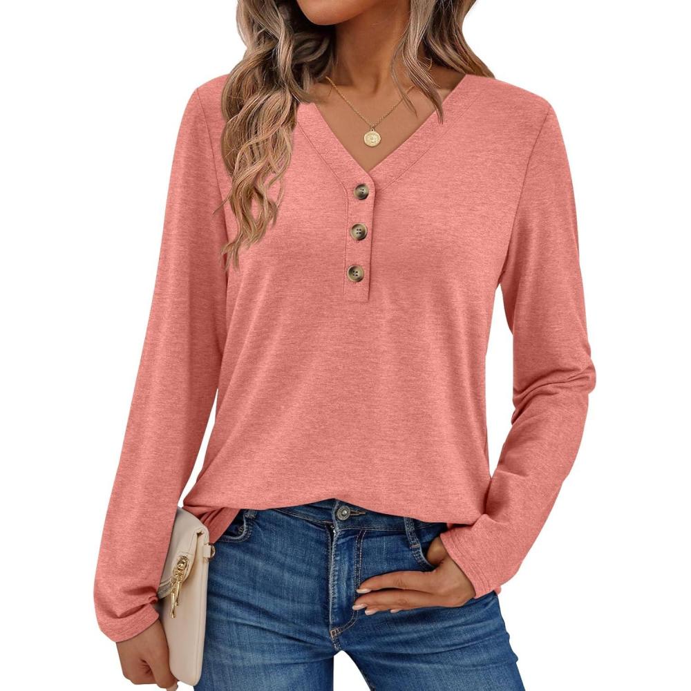 imageAUTOMET Womens Long Sleeve Tops Fall Fashion Dressy Casual Shirts V Neck TShirts Tunic Lightweight Outfits Clothes 2025Coral