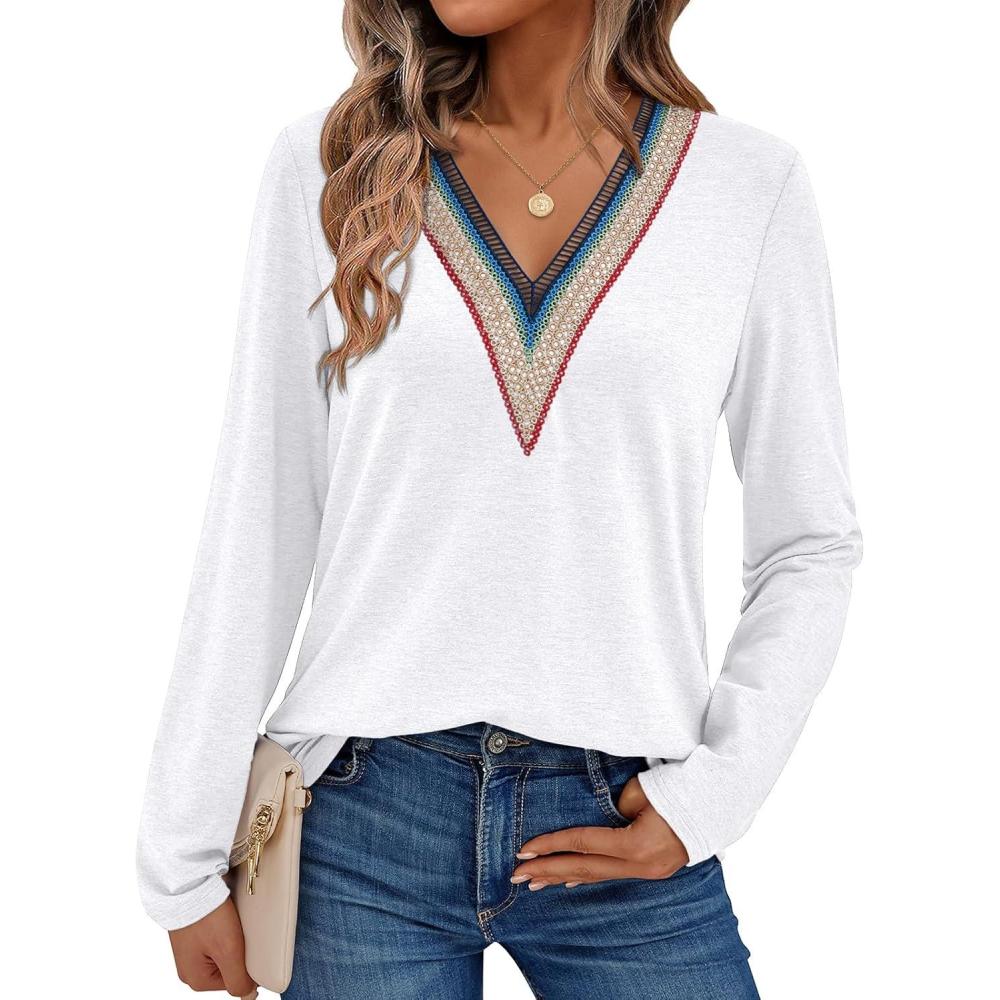 imageAUTOMET Womens Long Sleeve Tops Lace V Neck Shirts Casual Boho Top Fall Fashion Blouses 2025 Trendy Soft Basic ClothesWhite
