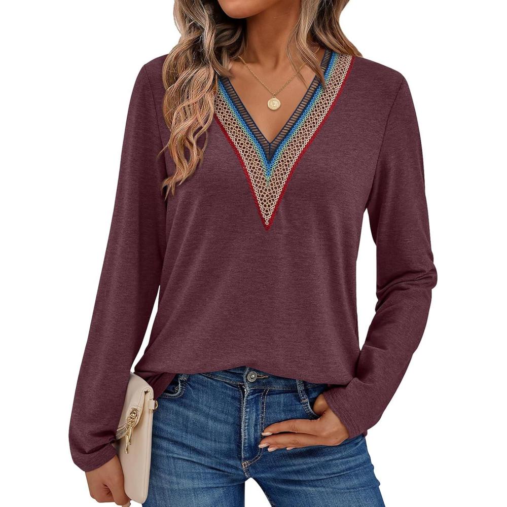 imageAUTOMET Womens Long Sleeve Tops Lace V Neck Shirts Casual Boho Top Fall Fashion Blouses 2025 Trendy Soft Basic ClothesWinered