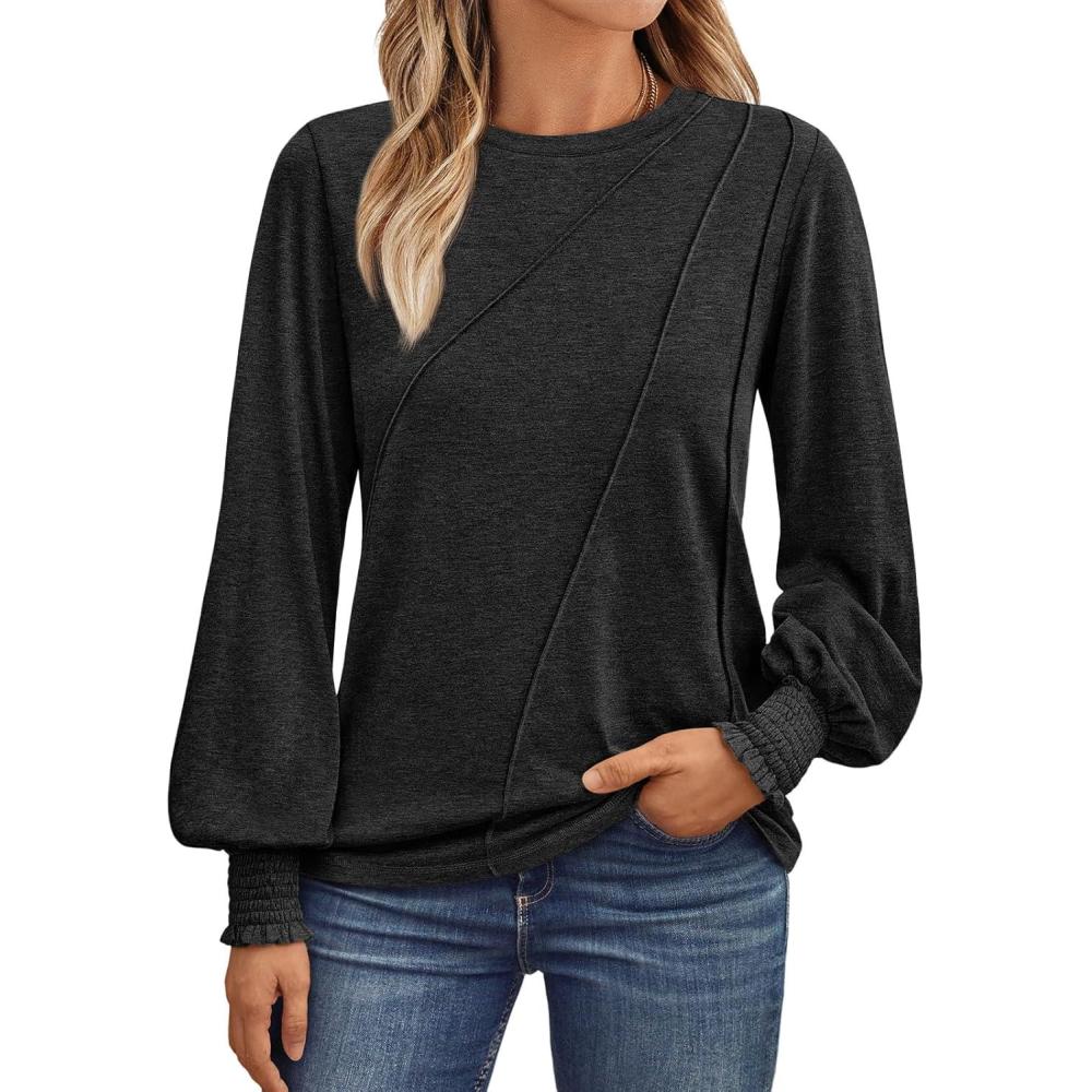 imageAUTOMET Womens Long Sleeve Tops Pleated Crew Neck Business Casual Blouses Fashion Clothes 2025 Trendy OutfitsBlack