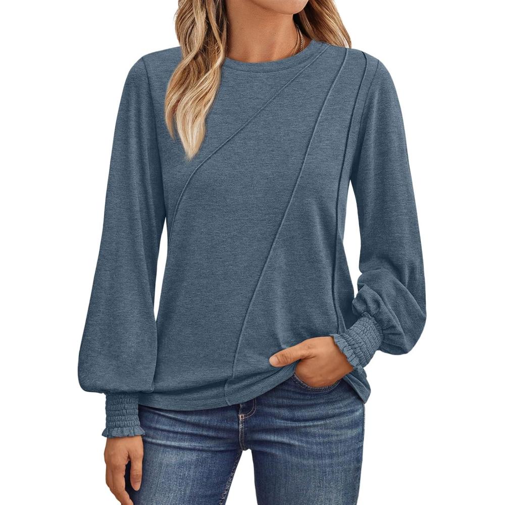 imageAUTOMET Womens Long Sleeve Tops Pleated Crew Neck Business Casual Blouses Fashion Clothes 2025 Trendy OutfitsBlue