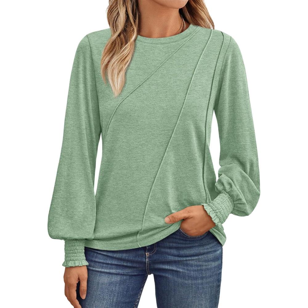 imageAUTOMET Womens Long Sleeve Tops Pleated Crew Neck Business Casual Blouses Fashion Clothes 2025 Trendy OutfitsLight Green