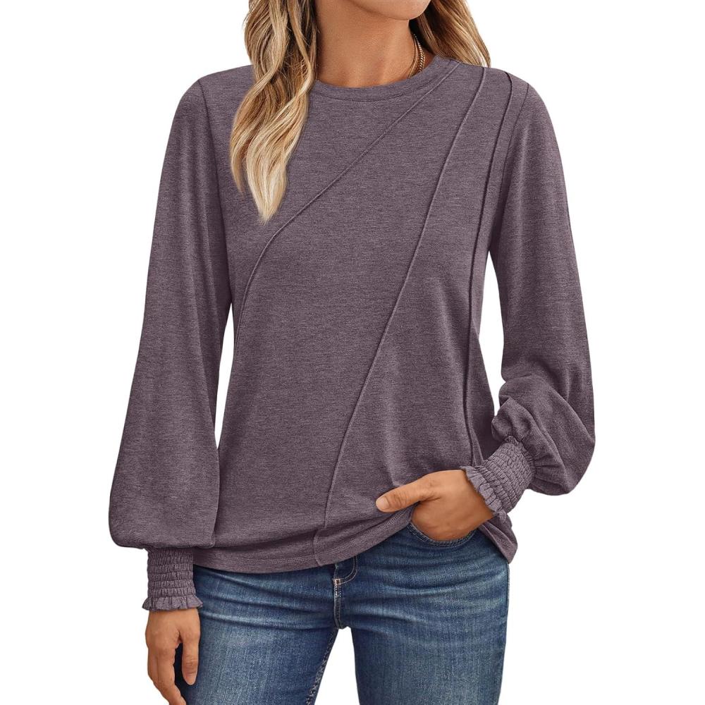 imageAUTOMET Womens Long Sleeve Tops Pleated Crew Neck Business Casual Blouses Fashion Clothes 2025 Trendy OutfitsRose Taupe