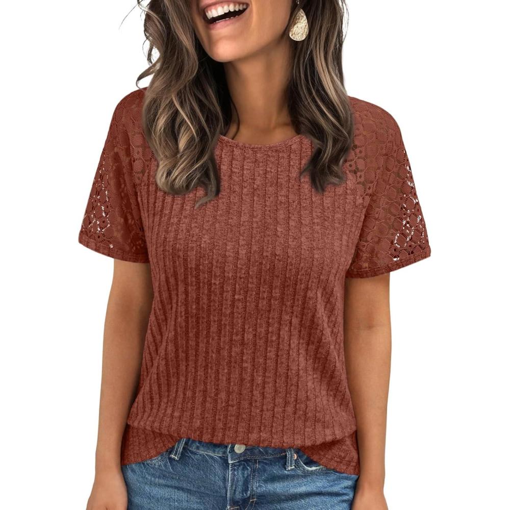 imageAUTOMET Womens Short Sleeve Sweater Crewneck Business Tops Dressy Casual Shirts Trendy Tunic Summer Clothes 2025Rust