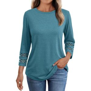 AUTOMET 3/4 Length Sleeve Womens Tops Crewneck Lace Tunic Business Casual Dressy Blouses Fall Trendy Outfits 2025(Cyan)