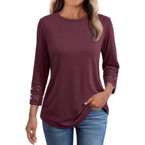 AUTOMET 3/4 Length Sleeve Womens Tops Crewneck Lace Tunic Business Casual Dressy Blouses Fall Trendy Outfits 2025(Wine Red)