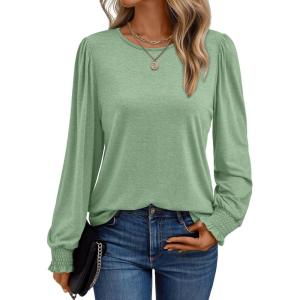 AUTOMET Long Sleeve Shirts for Women Business Casual Tops Dressy Blouses with Smocked Cuffs(Light Green)