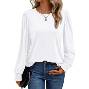 AUTOMET Long Sleeve Shirts for Women Business Casual Tops Dressy Blouses with Smocked Cuffs(White)