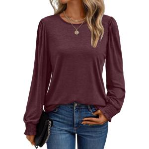 AUTOMET Long Sleeve Shirts for Women Business Casual Tops Dressy Blouses with Smocked Cuffs(Wine Red)