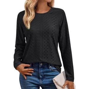 AUTOMET Womens Long Sleeve Eyelet Tops Shirts Business Casual Dressy Blouses Tunic Fall Fashion 2025 Clothes Loose Outfits(Black)