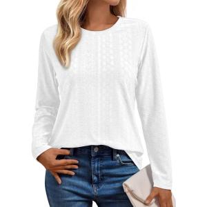 AUTOMET Womens Long Sleeve Eyelet Tops Shirts Business Casual Dressy Blouses Tunic Fall Fashion 2025 Clothes Loose Outfits(White)