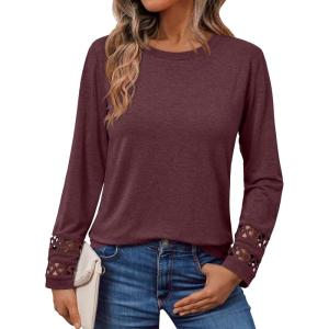 AUTOMET Womens Long Sleeve Fall Fashion Tops Ladies Casual Crewneck Loose Fit Outfits Lightweight Shirts Eyelet Tee 2025(Winered)