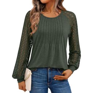 AUTOMET Womens Long Sleeve Shirts Business Casual Dressy Tops Lace Crewneck Work Trendy Fall Fashion Outfits Clothes(Armygreen)