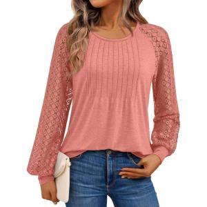 AUTOMET Womens Long Sleeve Shirts Business Casual Dressy Tops Lace Crewneck Work Trendy Fall Fashion Outfits Clothes(Coral)