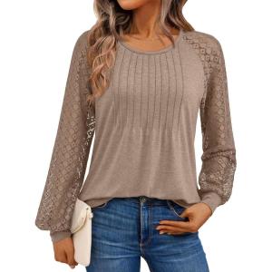 AUTOMET Womens Long Sleeve Shirts Business Casual Dressy Tops Lace Crewneck Work Trendy Fall Fashion Outfits Clothes(Khaki)