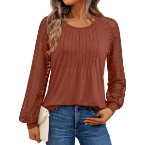 AUTOMET Womens Long Sleeve Shirts Business Casual Dressy Tops Lace Crewneck Work Trendy Fall Fashion Outfits Clothes(Maple)