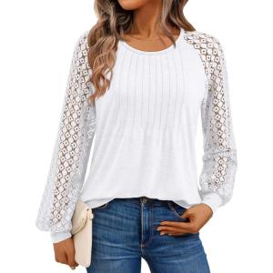 AUTOMET Womens Long Sleeve Shirts Business Casual Dressy Tops Lace Crewneck Work Trendy Fall Fashion Outfits Clothes(White)