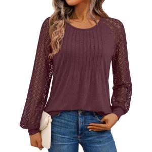 AUTOMET Womens Long Sleeve Shirts Business Casual Dressy Tops Lace Crewneck Work Trendy Fall Fashion Outfits Clothes(Winered)