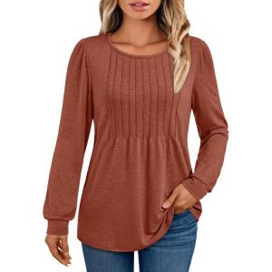 AUTOMET Womens Long Sleeve T-Shirts Dressy Business Casual Tops Tunic Fall Fashion Crewneck Blouse Trendy Winter Outfits 2025(Maple)