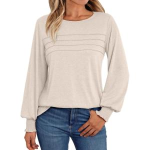 AUTOMET Womens Long Sleeve Tops Blouses Dressy Casual Business Crew Neck Tunic Loose Fit Trendy Outfits Fashion Clothes(Cream)