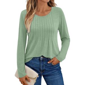 AUTOMET Womens Long Sleeve Tops Business Casual Crewneck Pleated Shirts Fall Fashion 2025 Blouses Trendy Basic Loose Outfits(Green)