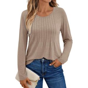 AUTOMET Womens Long Sleeve Tops Business Casual Crewneck Pleated Shirts Fall Fashion 2025 Blouses Trendy Basic Loose Outfits(Khaki)