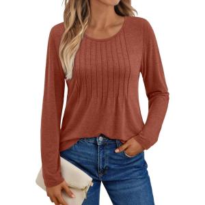 AUTOMET Womens Long Sleeve Tops Business Casual Crewneck Pleated Shirts Fall Fashion 2025 Blouses Trendy Basic Loose Outfits(Maple)