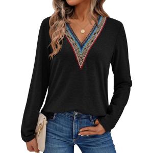 AUTOMET Womens Long Sleeve Tops Lace V Neck Shirts Casual Boho Top Fall Fashion Blouses 2025 Trendy Soft Basic Clothes(Black)